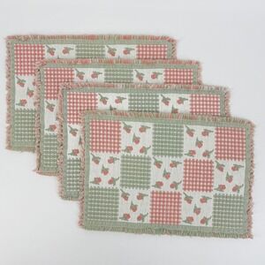 Vintage Style Woven Rosebud Patchwork Placemats Sage Green Pink Set of 4
